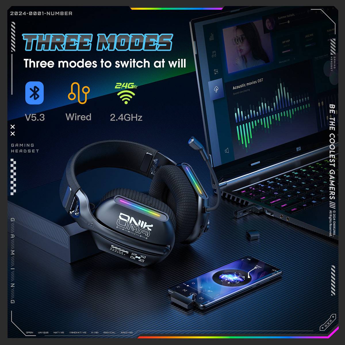 ONIKUMA GT808 Tri-mode Gaming Headset supporting Bluetooth 5.3, wired, and 2.4GHz wireless modes for versatile connectivity across devices.